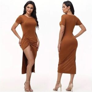 Unbranded • Brown Short Sleeve Ruched Dress